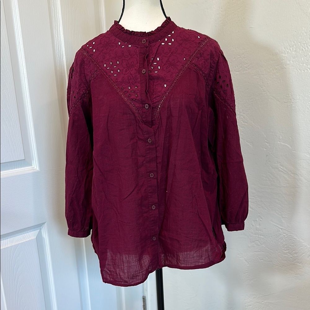 LOFT Red Buttoned 3/4 Sleeve Blouse with Mandarin Collar